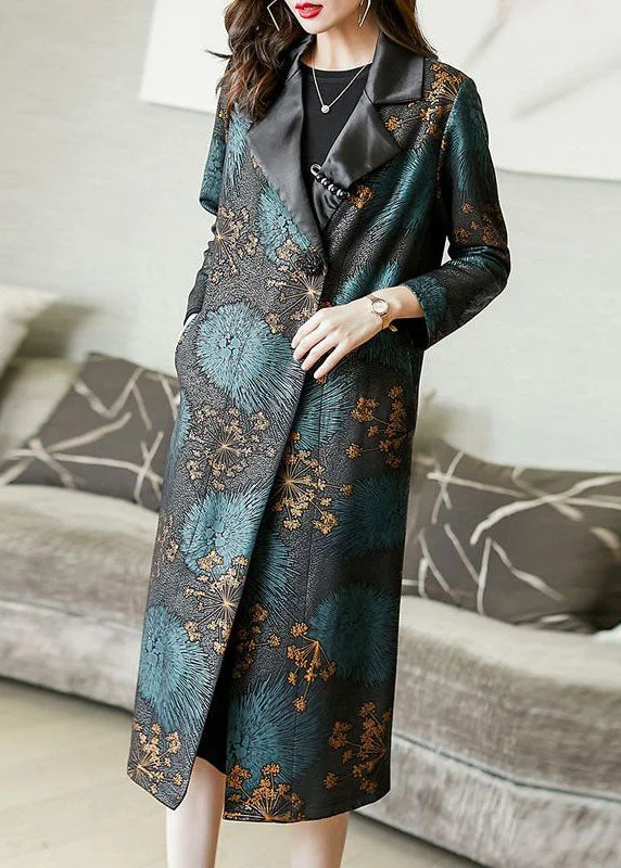 Mid - length women's down coats in a slim fit for a modern and sleek appearanceClassy Colorblock Peter Pan Collar Pockets Print Silk Trench Coat Spring Mid - length women's down coats in a slim fit for a modern and sleek appearanceClassy Colorblock Peter Pan Collar Pockets Print Silk Trench Coat Spring