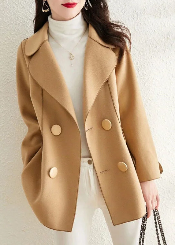 Women's long - sleeve wool coats in a houndstooth pattern for a classic charmClassy Khaki Peter Pan Collar Double Breast Woolen Coat Outwear Fall