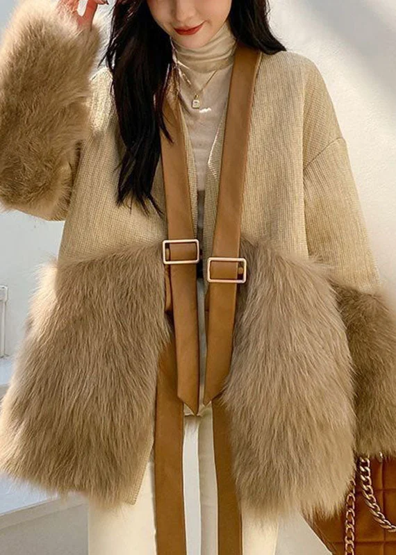 Checkered women's wool coats in a classic pattern for a timeless styleClassy Khaki V Neck Fuzzy Fur Fluffy Patchwork Leather And Fur Coat Long Sleeve Checkered women's wool coats in a classic pattern for a timeless styleClassy Khaki V Neck Fuzzy Fur Fluffy Patchwork Leather And Fur Coat Long Sleeve