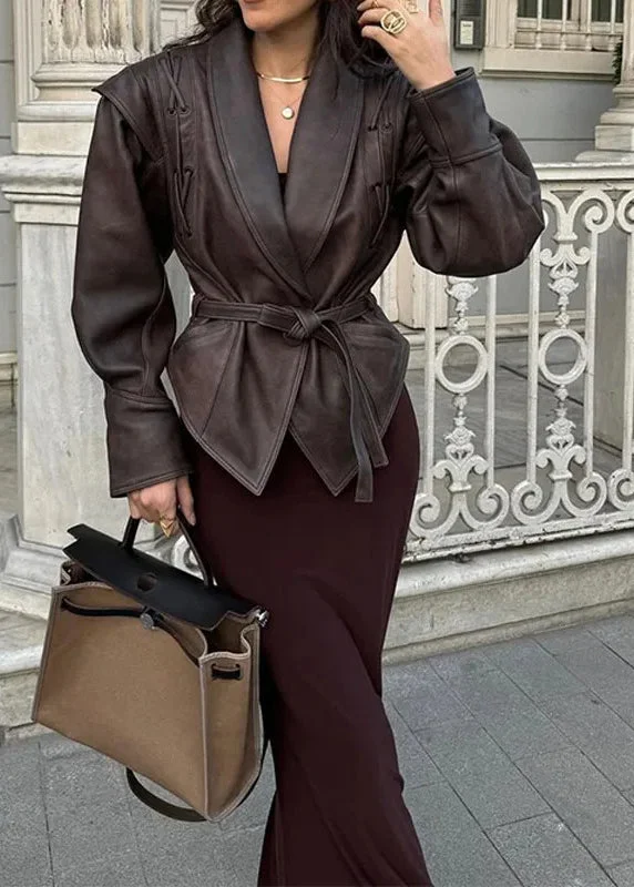 Women's faux fur coats in bright colors for a bold fashion statementClassy Peter Pan Collar Tie Waist Faux Leather Coats Fall