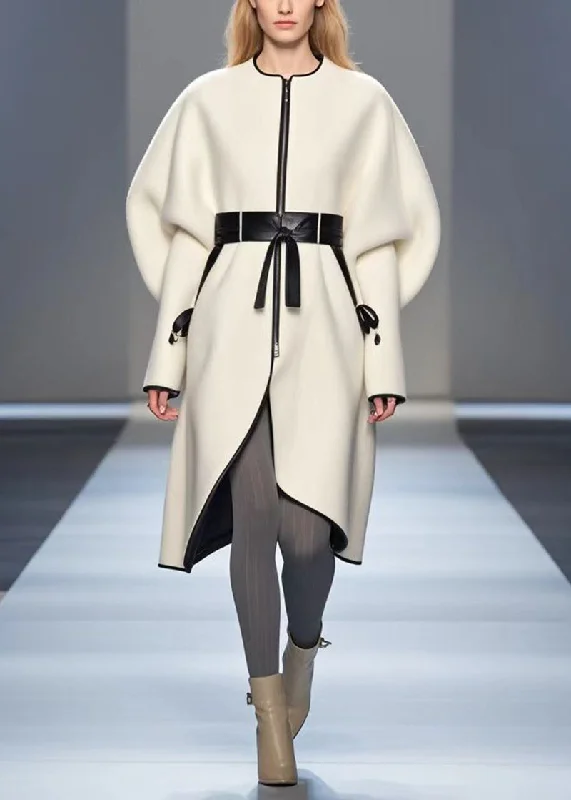 Women's longline double - breasted camel coats for a sophisticated lookClassy White Cinched Patchwork Woolen Coat Outwear Batwing Sleeve