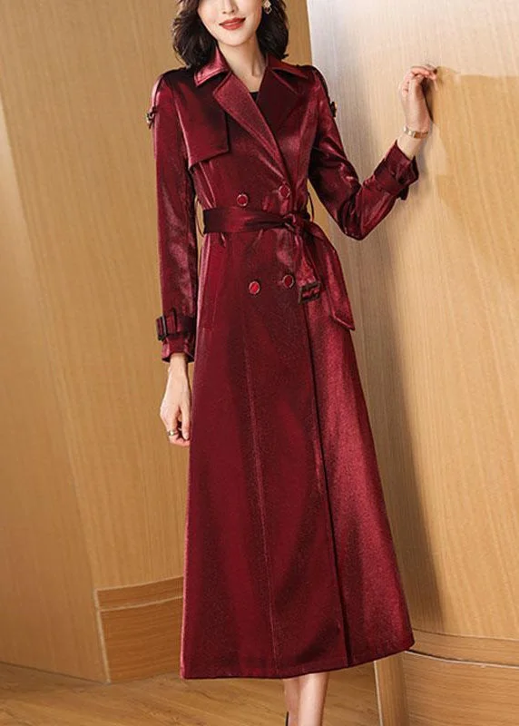 Belted women's cashmere coats in soft pastels for a luxurious feelClassy Wine Red Pockets Tie Waist Cotton Long Trench Coats Fall