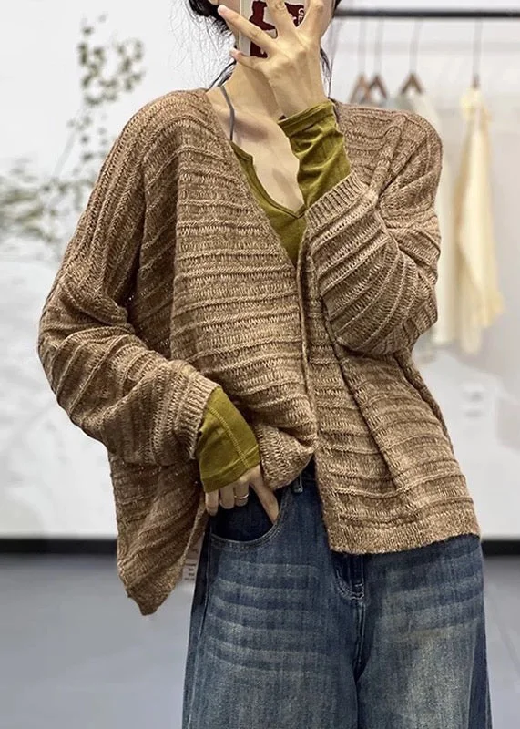 Shearling - lined women's leather coats for ultimate warmth and luxuryCoffee Button Cotton Knit Coats V Neck Long Sleeve Shearling - lined women's leather coats for ultimate warmth and luxuryCoffee Button Cotton Knit Coats V Neck Long Sleeve
