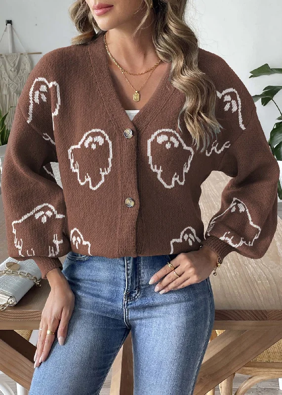 Mid - length women's down coats in a slim fit for a modern and sleek appearanceCoffee Button Patchwork Knit Coats Long Sleeve