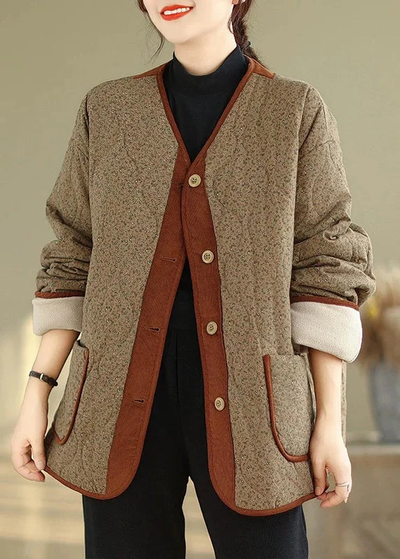 Women's cropped leather coats with silver studs for an edgy lookCoffee Button Pockets Warm Fleece Winter Coats V Neck