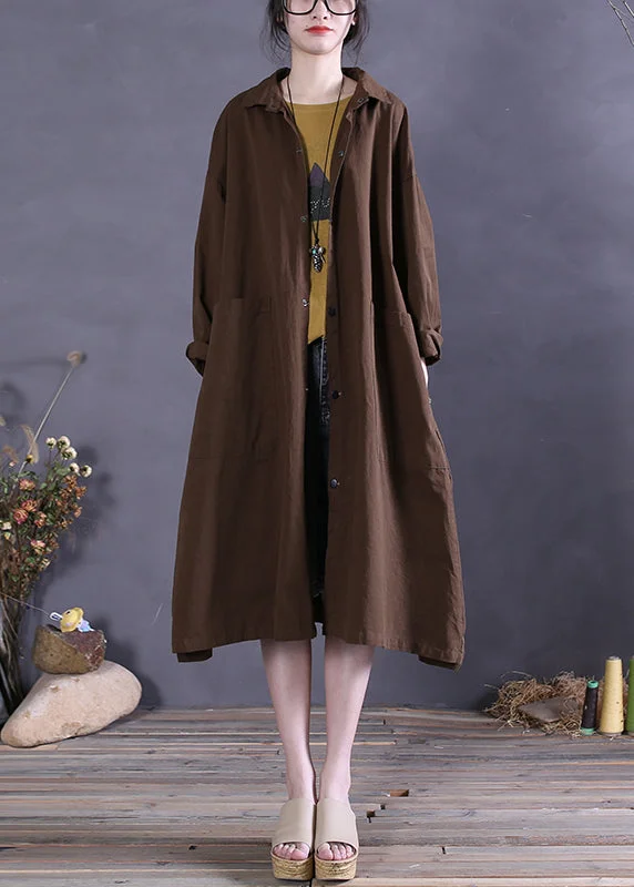 Belted women's cashmere coats in soft pastels for a luxurious feelCoffee Colour Peter Pan Collar Pockets Cotton Trench Coats Long Sleeve