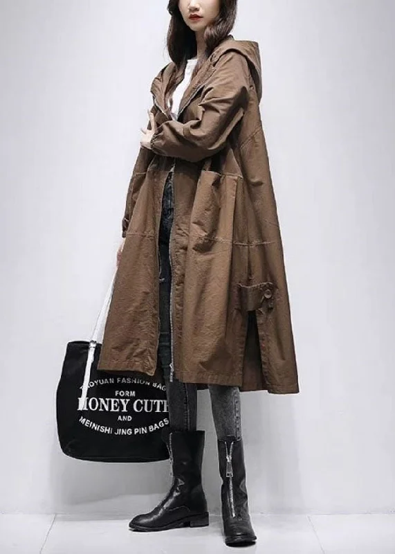 Petite women's wool blend coats with a tailored fit for a flattering silhouetteCoffee Patchwork Loose Trench Coat Zip Up Spring