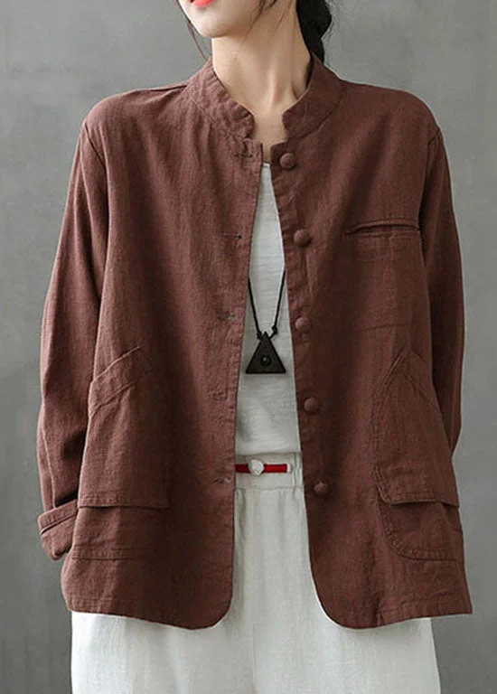 Women's waterproof parka coats with multiple pockets for practicalityCoffee Pockets Patchwork Linen Coats Stand Collar Button Spring Women's waterproof parka coats with multiple pockets for practicalityCoffee Pockets Patchwork Linen Coats Stand Collar Button Spring