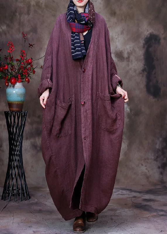 Water - resistant women's trench coats with adjustable cuffs for rainy daysCoffee Solid Linen Trench Coat V Neck Handmade Floral Long Sleeve Water - resistant women's trench coats with adjustable cuffs for rainy daysCoffee Solid Linen Trench Coat V Neck Handmade Floral Long Sleeve