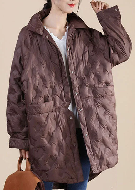 Belted women's cashmere coats in soft pastels for a luxurious feelChocolate Stand Collar Button Loose Winter Puffers Long Down Jacket