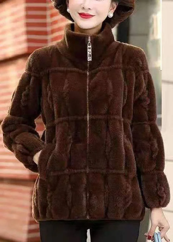 Women's cropped leather coats with silver studs for an edgy lookCoffee Warm Mink Hair Knitted Jackets Zip Up Pockets Winter