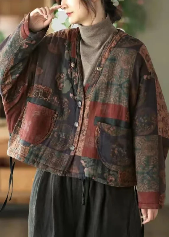 Embroidered women's cotton coats in a bohemian pattern for a unique designColorblock Print Pockets Patchwork Cotton Coat V Neck Long Sleeve