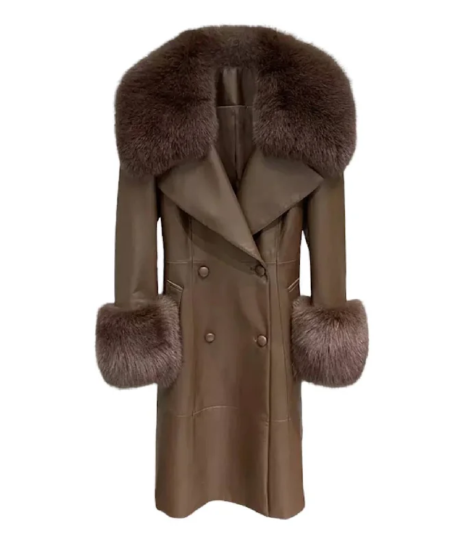 Oversized women's wool coats in a monochromatic look for a trendy outfitGenuine Sheepskin Leather Fox Fur Trimmed Coat In Coffee Oversized women's wool coats in a monochromatic look for a trendy outfitGenuine Sheepskin Leather Fox Fur Trimmed Coat In Coffee