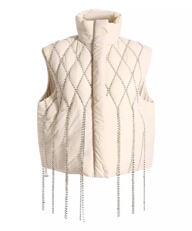Women's knee - length wool blend coats with a fur collar for added warmthCrystallized Loose Sleeveless Waistcoat In Beige Women's knee - length wool blend coats with a fur collar for added warmthCrystallized Loose Sleeveless Waistcoat In Beige