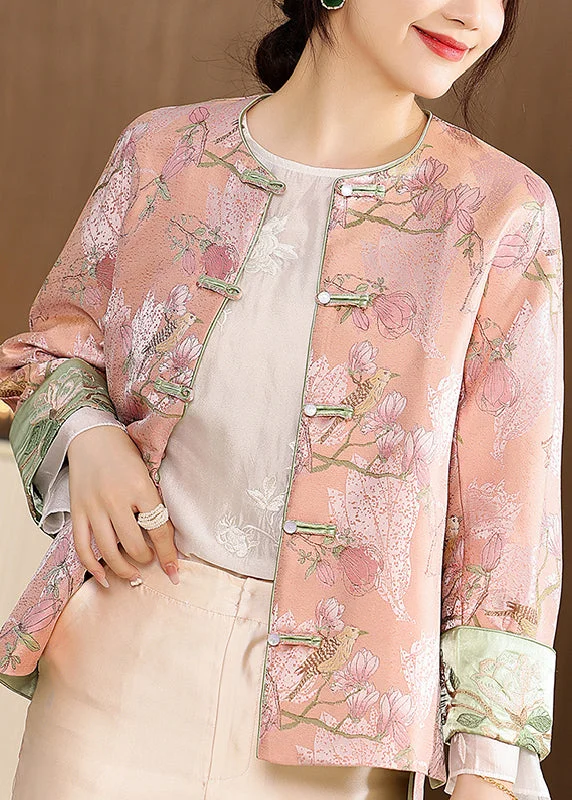Belted women's cashmere coats in soft pastels for a luxurious feelCute Pink O-Neck Embroideried Print Button Coats Long Sleeve