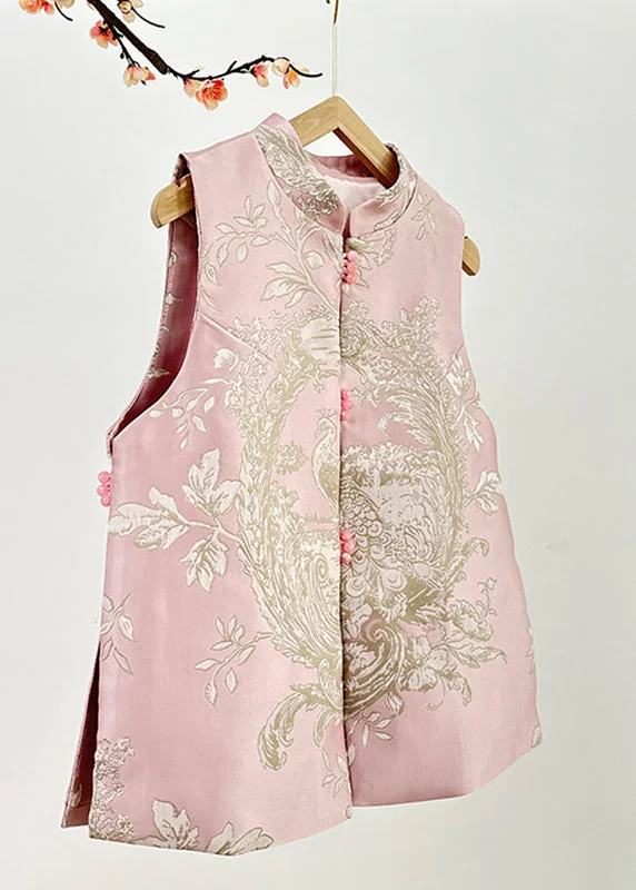 Water - resistant women's trench coats with adjustable cuffs for rainy daysCute Pink Stand Collar Embroidered Nail Bead Side Open Waistcoat Fall
