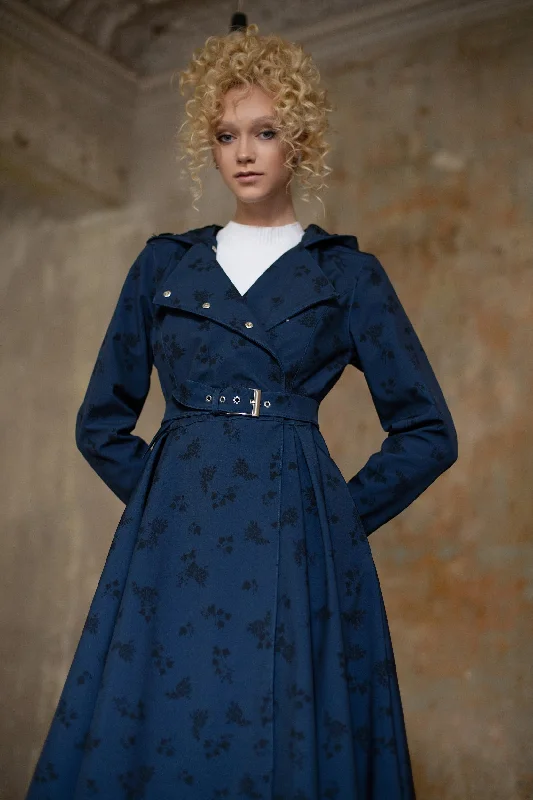 Belted women's cashmere coats in soft pastels for a luxurious feelDouble Breasted Trench Coat in Dark Blue with Black Floral Print | 'Blue Frost'