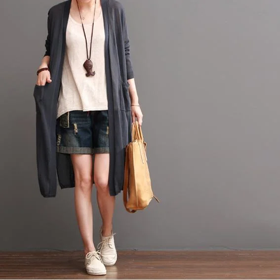 Women's knee - length wool blend coats with a fur collar for added warmthDark gray breathy summer maxi coat linen cardigans
