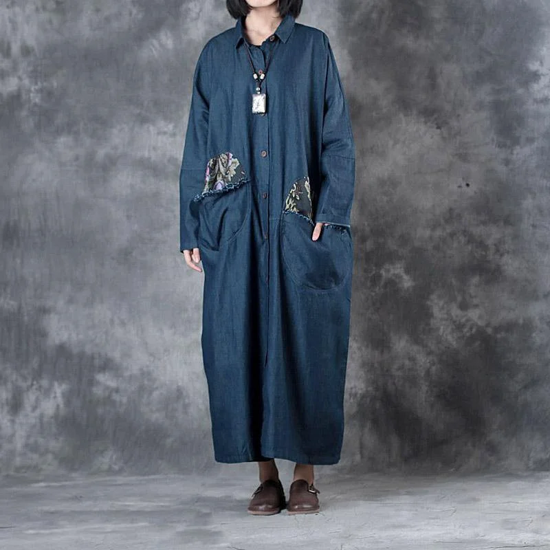 Water - resistant women's trench coats with adjustable cuffs for rainy daysdenim blue vintage cotton trench coat plus szie big pockets prints long coats