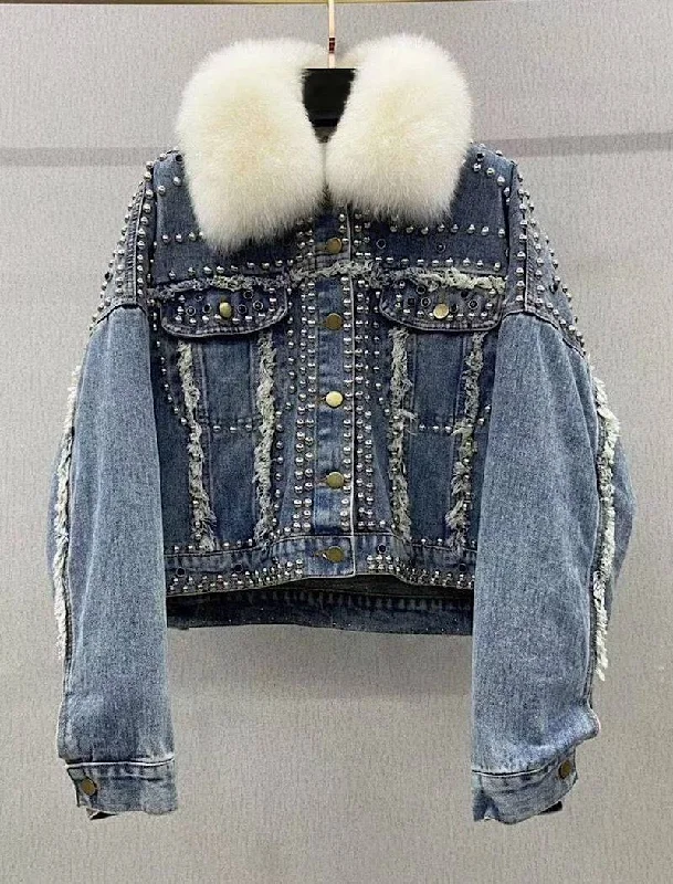 Hooded women's puffer coats in neon colors for high - visibility sportsDetachable Fur Trimmed Blue Denim Jacket With Studs