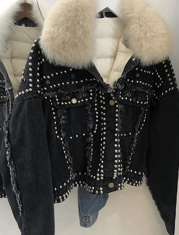 Plus size women's wool blend coats for a warm and stylish winterDetachable Fur Trimmed Black Denim Jacket With Studs