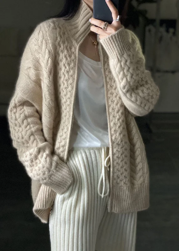 Hooded women's puffer coats in neon colors for high - visibility sportsDIY Beige Zip Up Casual Woolen Knitted Tops Coat