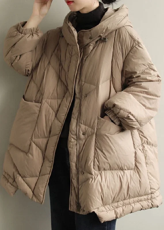 Quilted down women's coats with removable hoods for outdoor activitiesDIY Khaki Hooded Pockets Winter Duck Down Coat