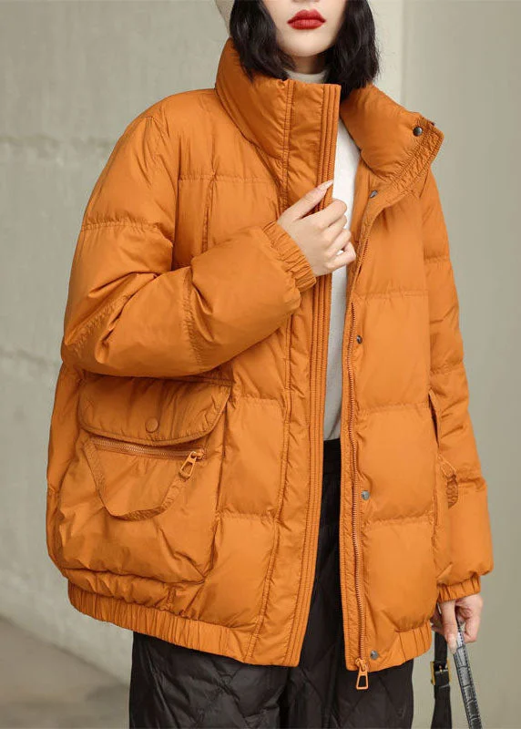 Women's longline double - breasted camel coats for a sophisticated lookDIY Orange Stand Collar Zip Up Pockets Duck Down Jacket In Winter Women's longline double - breasted camel coats for a sophisticated lookDIY Orange Stand Collar Zip Up Pockets Duck Down Jacket In Winter