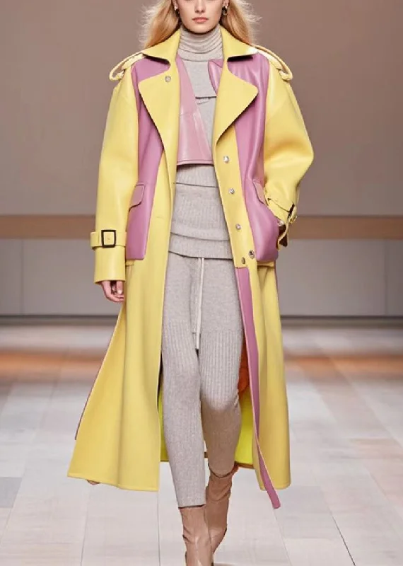 Checkered women's wool coats in a classic pattern for a timeless styleDIY Yellow Oversized Patchwork Pockets Faux Leather Coats Fall