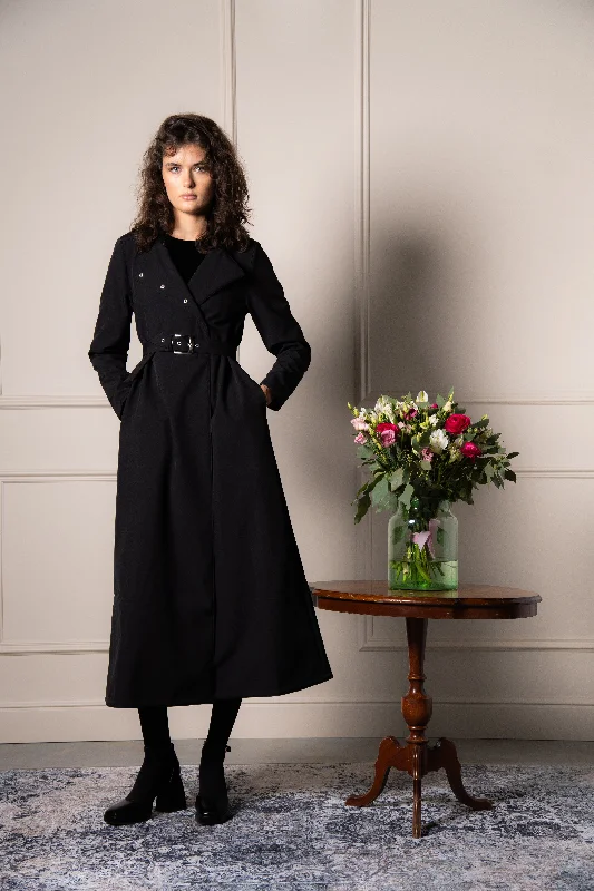 Women's long - sleeve wool coats in a houndstooth pattern for a classic charmDouble Breasted Coat with Trapeze Cut in Black | 'Black Classic' Women's long - sleeve wool coats in a houndstooth pattern for a classic charmDouble Breasted Coat with Trapeze Cut in Black | 'Black Classic'