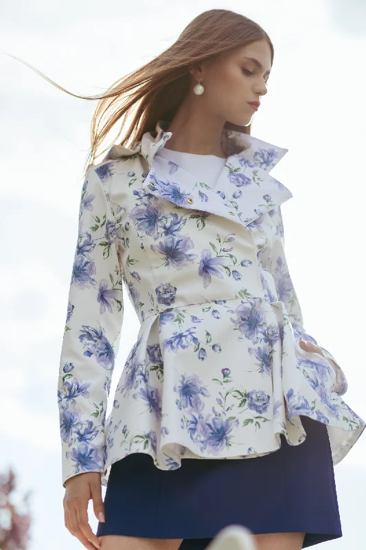 Women's reversible down coats with two - tone designs for versatile stylingDouble Breasted Jacket with Detachable Hood in White with Blue Flower Print | 'Blue Whisper'
