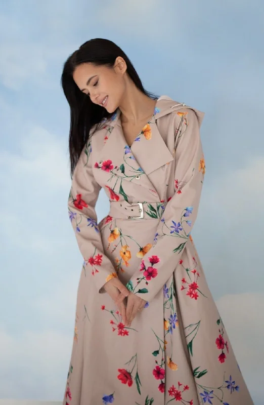 Women's longline double - breasted camel coats for a sophisticated lookDouble Breasted Trench Coat in Beige with Flower Print | 'Spring Bloom'