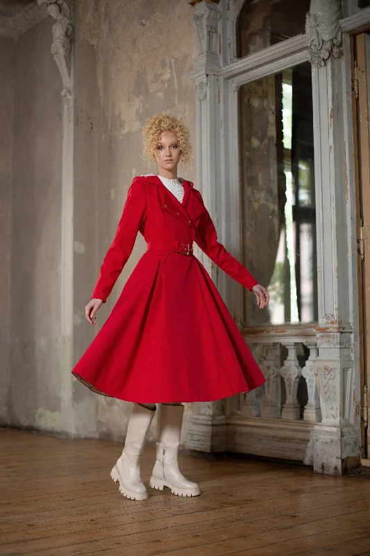 Water - resistant women's trench coats with adjustable cuffs for rainy daysDouble Breasted Trench Coat in Bright Red | 'Queen of Hearts' Water - resistant women's trench coats with adjustable cuffs for rainy daysDouble Breasted Trench Coat in Bright Red | 'Queen of Hearts'