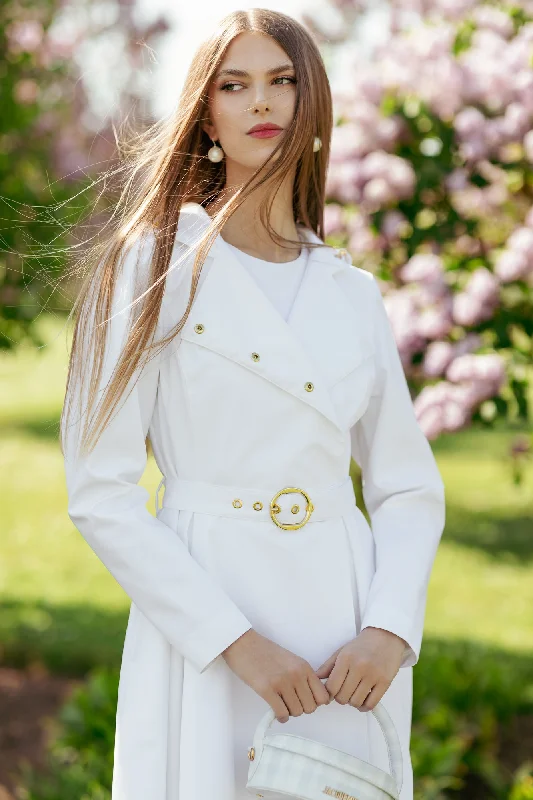 Women's pea coats with brass buttons for a nautical - inspired styleDouble Breasted Trench Coat in White | 'Heavenly White'