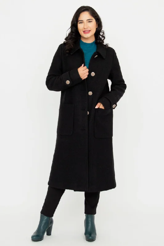 Hooded women's puffer coats in neon colors for high - visibility sportsEdna Coat, Black, Boiled Wool