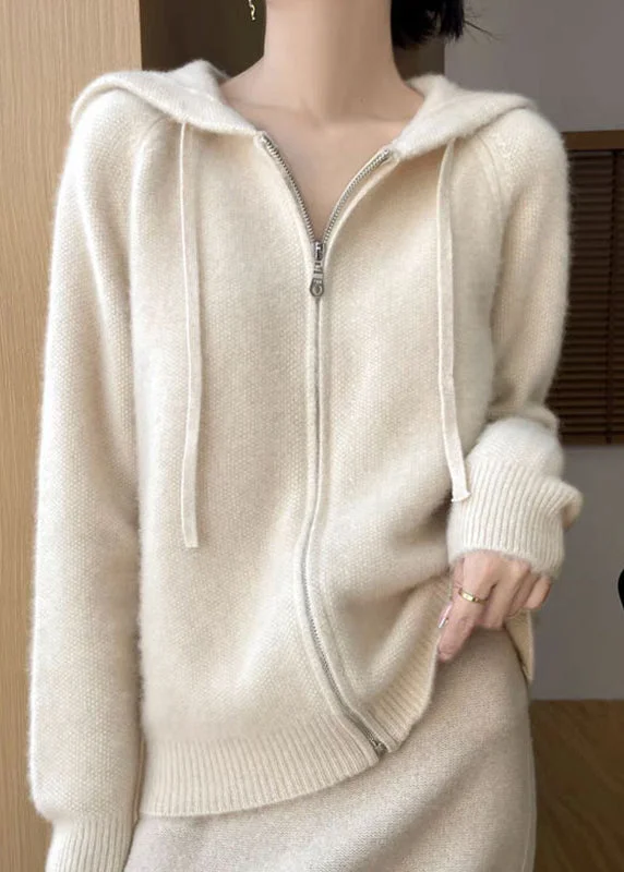 Long women's mac coats in a lightweight fabric for spring showersElegant Beige Hooded Zippered Solid Cotton Knit Coat Fall
