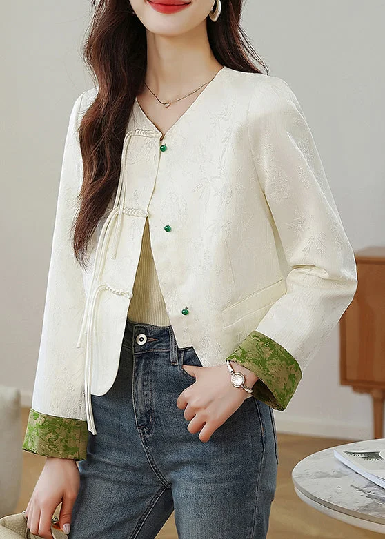 Hooded women's puffer coats in neon colors for high - visibility sportsElegant Beige O Neck Print Button Silk Coats Fall