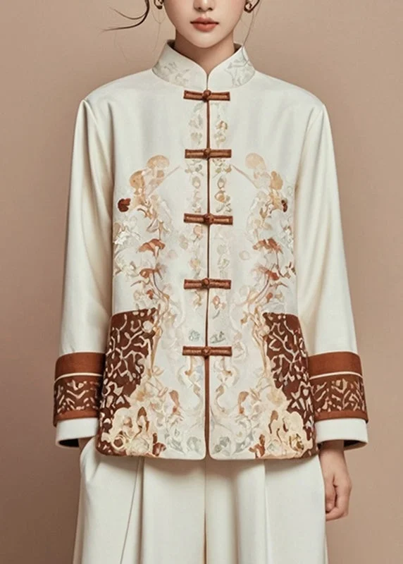 Plus size women's wool blend coats for a warm and stylish winterElegant Beige Print Stand Collar Fall Coats