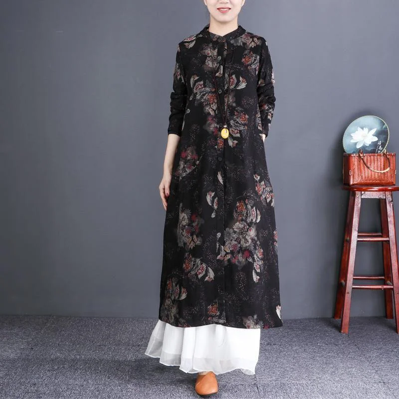 Belted women's cashmere coats in soft pastels for a luxurious feelElegant black print coat casual maxi coats stand collar