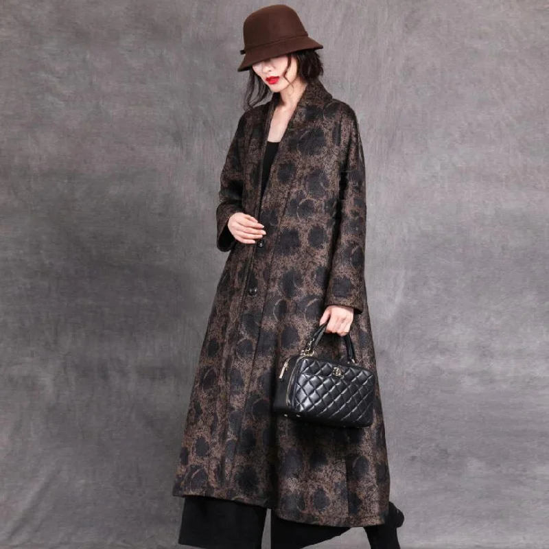 Women's long - sleeve wool coats in a houndstooth pattern for a classic charmElegant black print woolen coats casual long winter baggy V neck coats