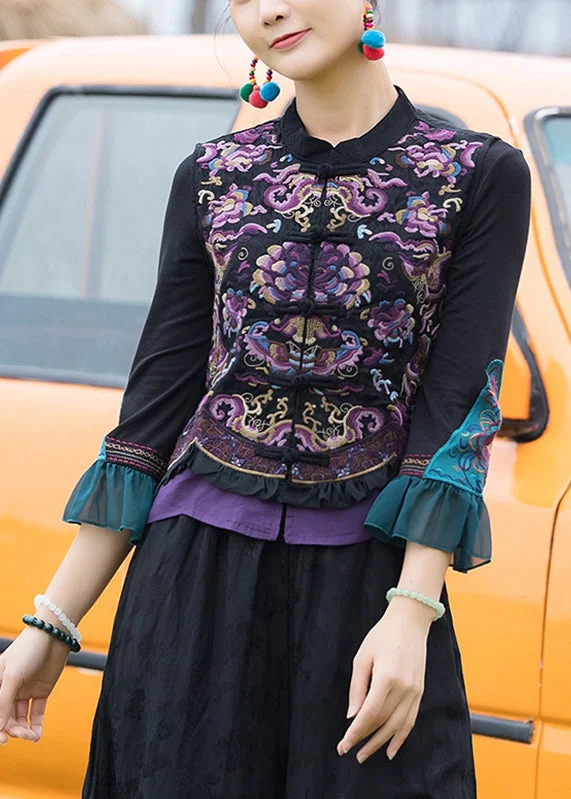 Hooded women's puffer coats in neon colors for high - visibility sportsElegant Black Stand Collar Embroideried Floral Linen Waistcoat Fall
