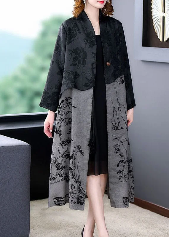 Women's reversible down coats with two - tone designs for versatile stylingElegant Black Tasseled Patchwork Print Silk Trench Coat Spring Women's reversible down coats with two - tone designs for versatile stylingElegant Black Tasseled Patchwork Print Silk Trench Coat Spring