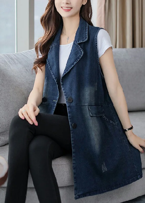 Women's knee - length wool blend coats with a fur collar for added warmthElegant Blue Notched Patchwork Button Denim Waistcoat Fall Women's knee - length wool blend coats with a fur collar for added warmthElegant Blue Notched Patchwork Button Denim Waistcoat Fall