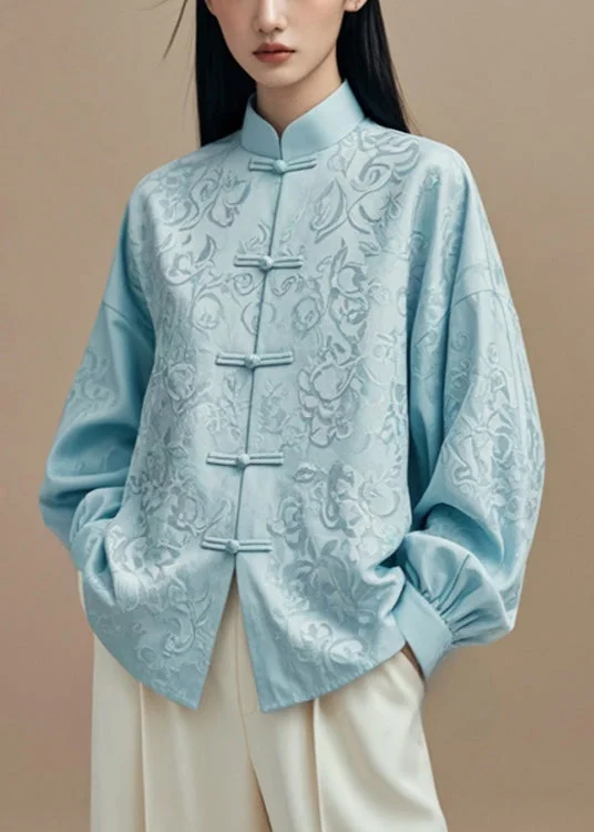 Oversized women's wool coats in a monochromatic look for a trendy outfitElegant Blue Stand Collar Button Solid Silk Cotton Coats Fall