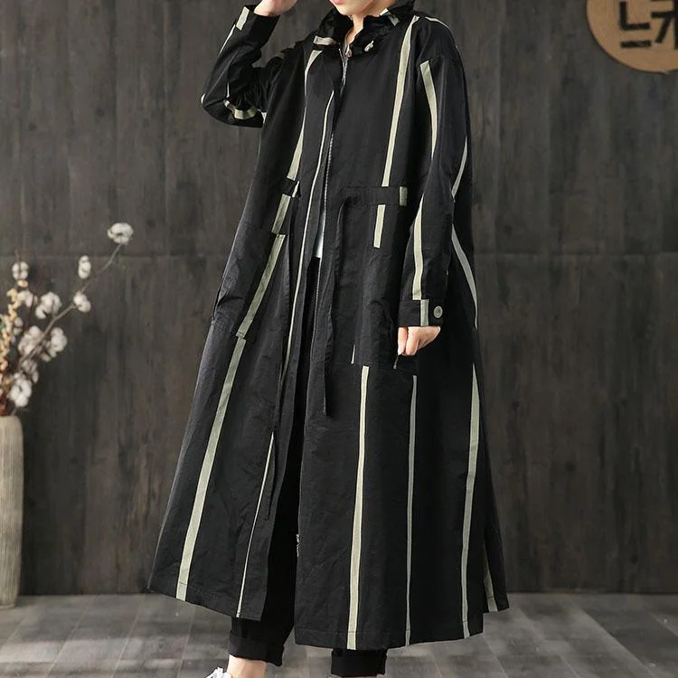 Women's pea coats with brass buttons for a nautical - inspired styleElegant casual long coats fall black striped zippered pockets outwear