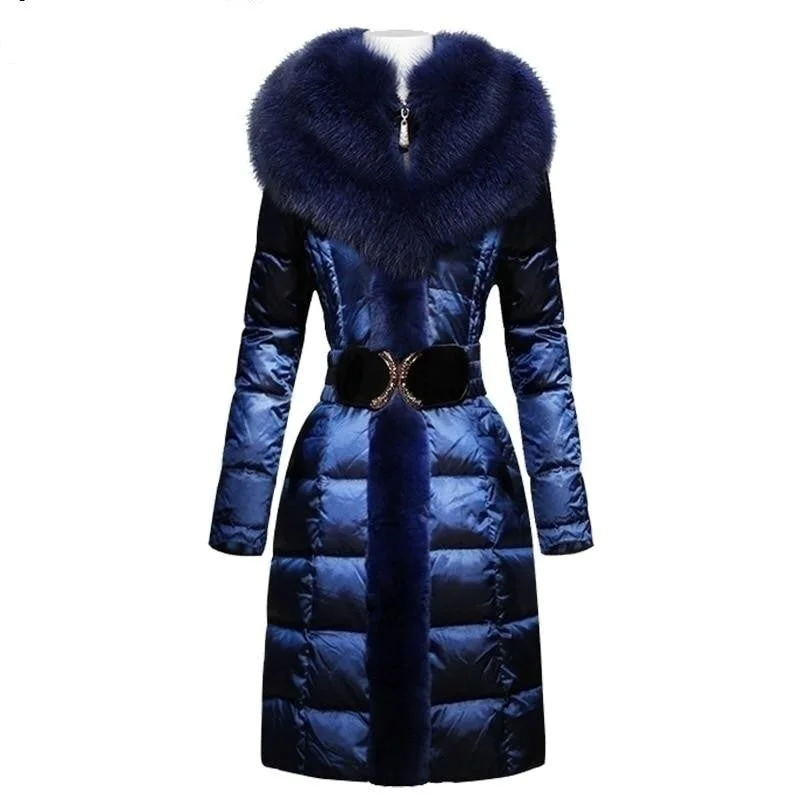 Women's longline double - breasted camel coats for a sophisticated lookElegant Fashion Ladies Fox Fur Collor Slim Winter Warm Long Down Jacket