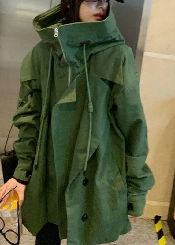 Women's waterproof parka coats with multiple pockets for practicalityElegant Green Loose zippered Pockets Casual Fall Coat