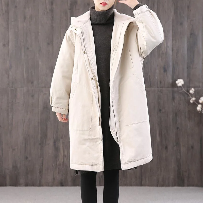 Quilted down women's coats with removable hoods for outdoor activitiesElegant hooded zippered cotton Tunic Photography beige coats