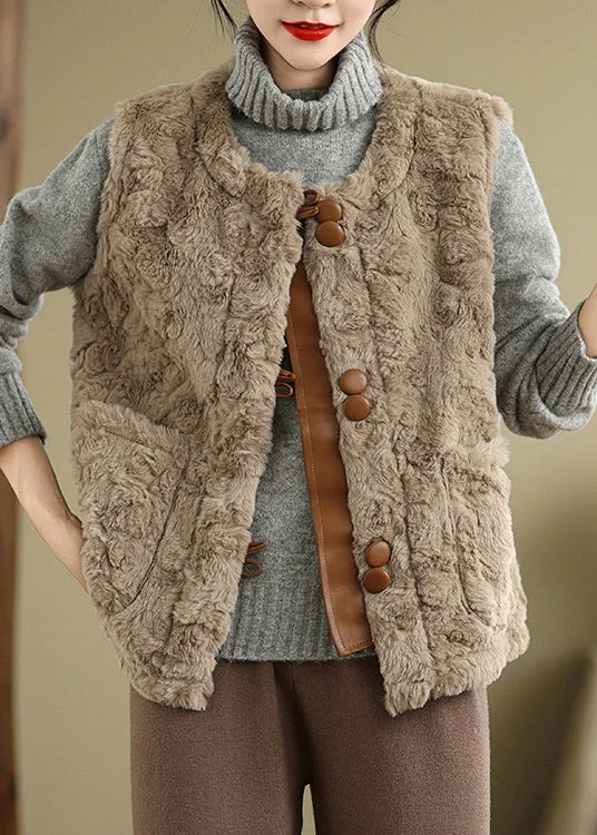Women's reversible down coats with two - tone designs for versatile stylingElegant Khaki Button Pockets Teddy Faux Fur Waistcoat Sleeveless