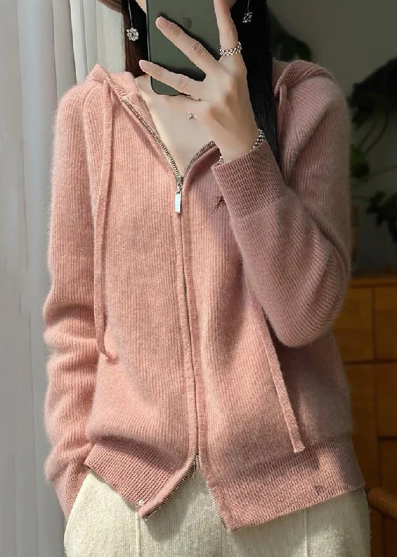 Oversized women's wool coats in a monochromatic look for a trendy outfitElegant Pink Hooded Zip Up Wool Knit Coat Fall